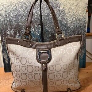 Salvatore Ferragamo Vintage Y2K Gancini Canvas & Leather Satchel Taupe (GUC)